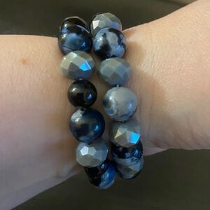 New! Blue, grey, and black Agate Beaded Bracelet Set